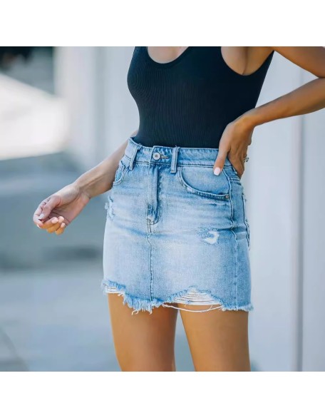 High waist and hole denim skirt Amazon washed raw edge denim bag hip skirt