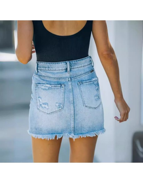 High waist and hole denim skirt Amazon washed raw edge denim bag hip skirt