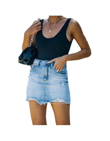 High waist and hole denim skirt Amazon washed raw edge denim bag hip skirt