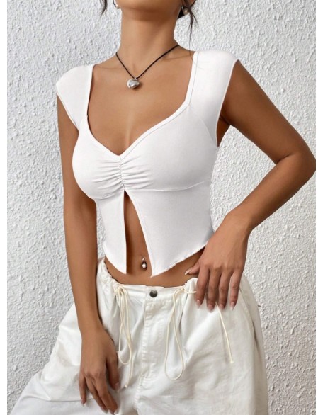 Summer new pleated sexy slim deep V-slit navel shirt T-shirt female