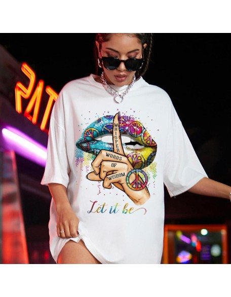 Graffiti printed shoulder T-shirt summer fashion casual plus size women's tops