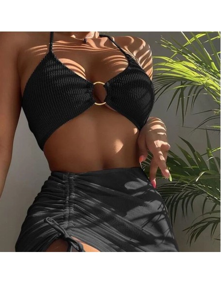 Steel ring bikini cross-border three-piece split Bikini pleated ladies swimsuit